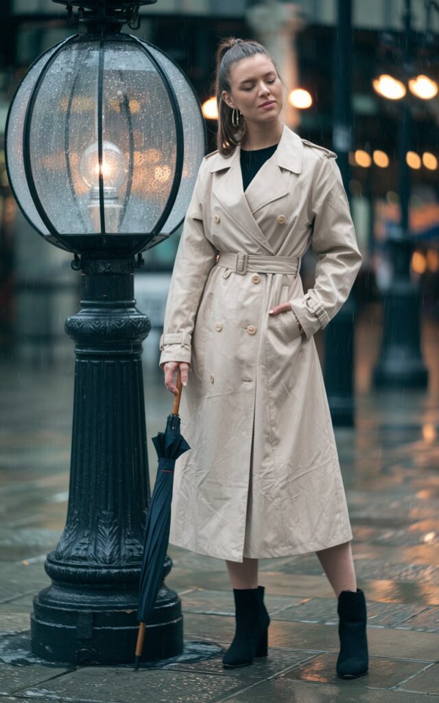 White-skinned European woman standing near a vintage streetlamp in a light drizzle, wearing a beige belted trench coat, black ankle boots, holding an umbrella, blurred city lights in the background.