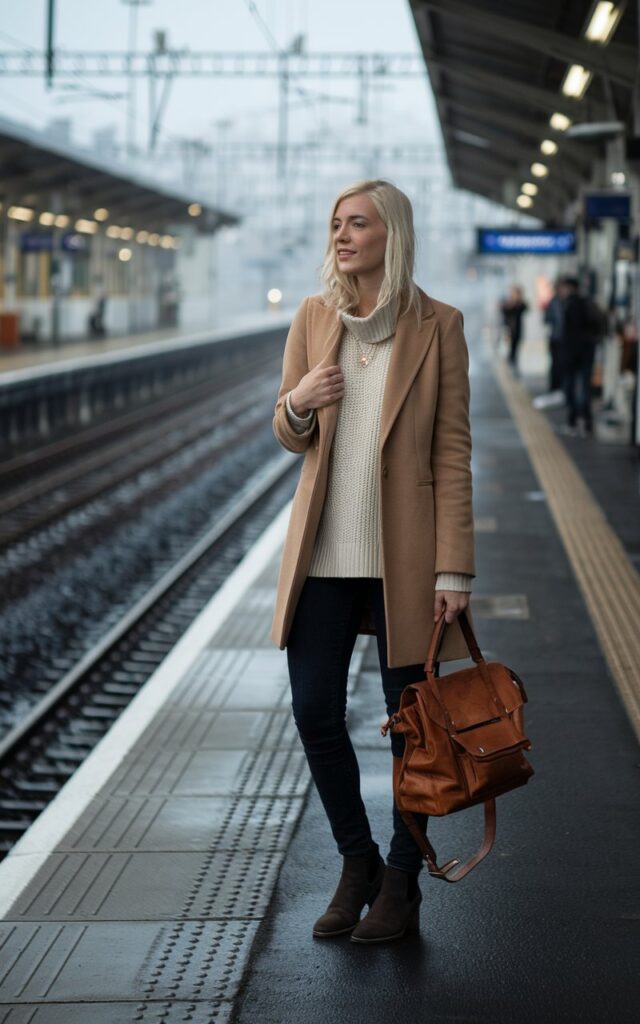 White-skinned European woman waiting at a train platform, camel coat, cream sweater, dark-wash skinny jeans, ankle boots, holding a leather satchel, misty early morning.