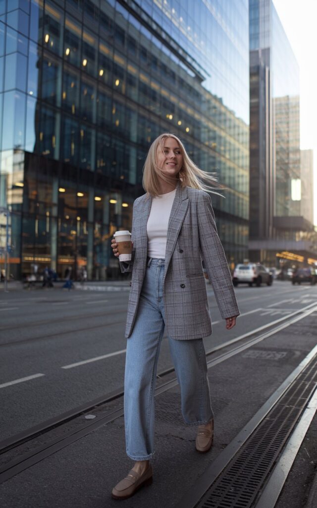 White-skinned European woman walking down a bustling city street, wearing a grey plaid blazer, white tee, high-waisted jeans, and loafers, holding a coffee cup, mid-morning sunlight reflecting off glass buildings.