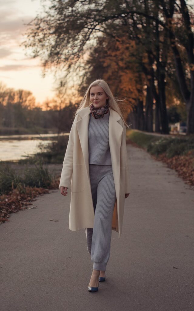 White-skinned young European woman walking along a quiet riverside path, wearing a cream wool coat over a grey knit co-ord set, heels, autumn trees with orange leaves in background, soft afternoon glow.