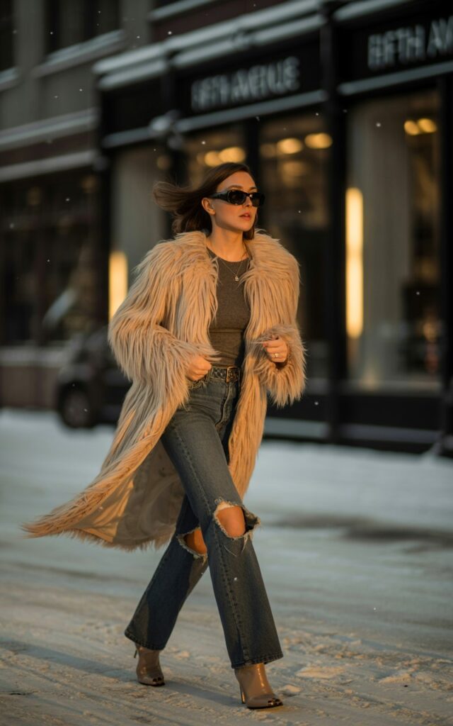 Winter street style shot in golden hour light. The woman model wears a dramatic faux fur coat over ripped jeans and a fitted tee. Heeled boots, oversized sunnies. Confident walk, looking off into the distance.