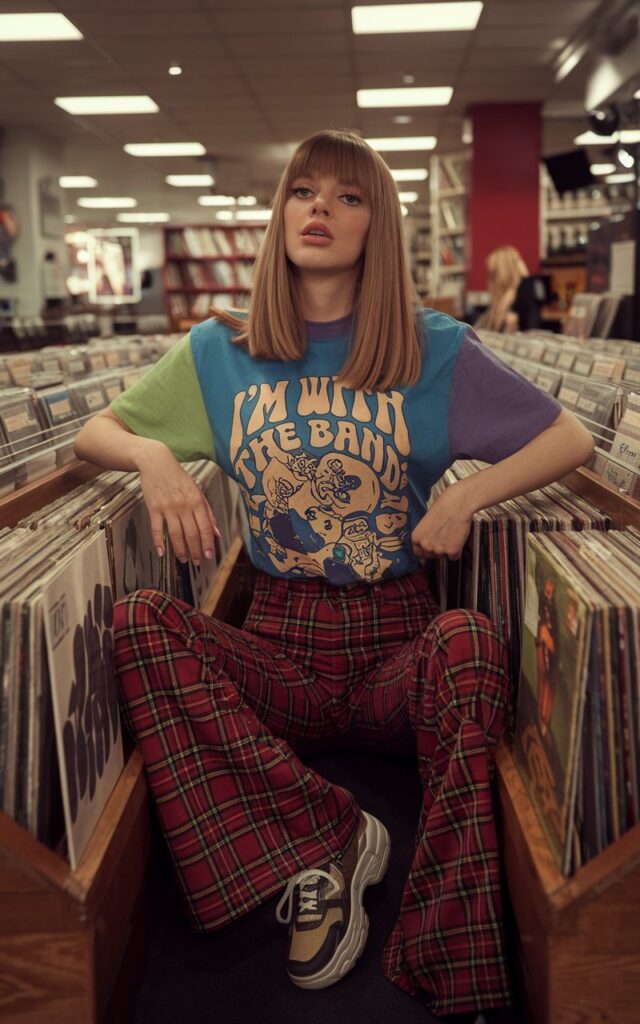 Youthful retro-style photoshoot in a London record shop, model with straight blonde hair wearing a colorful graphic baby tee and red plaid flare pants, chunky sneakers, surrounded by vinyl records, warm indoor lighting.
