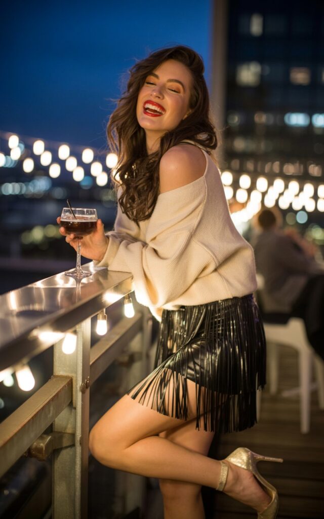 Night-out editorial of a brunette with bold red lipstick, wearing a black fringe skirt, oversized cream sweater tucked at the front, and stiletto heels. Setting: dimly lit rooftop bar with fairy lights glowing in the background. She’s caught mid-laugh while leaning against the railing, one hand holding a cocktail, the fringe of her skirt swaying.
