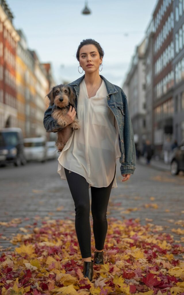A confident, symmetrical-faced model walks her dog through the autumn streets of Copenhagen. She wears sleek black leggings, a flowing ivory tunic, and a distressed denim jacket. Vibrant fall leaves crunch beneath her boots. The atmosphere is vibrant, urban, and full of motion.