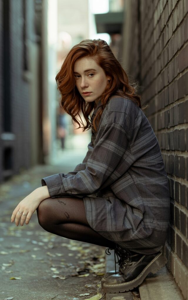 Outdoor urban alleyway. Model with auburn hair in messy waves wears an oversized plaid shirt dress over ripped black tights and combat boots. Lighting is natural, gritty, and moody. She stands against a brick wall with one knee bent, looking away as if caught mid-thought.