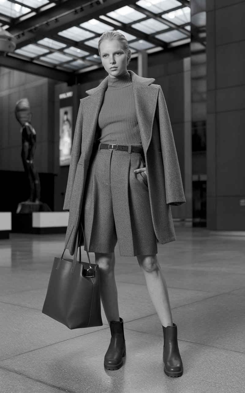 A white-skinned model standing in a modern art museum lobby, wearing a slim ribbed turtleneck with high-waisted wool shorts and ankle boots, holding a leather tote.