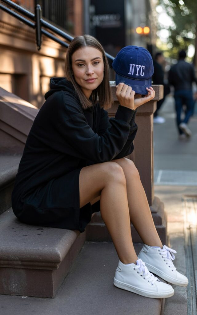 A black hoodie dress styled with classic white high-top sneakers. She’s sitting casually on the steps of a brownstone building, holding a baseball cap. Late-afternoon city lighting adds depth. Her hair is straight and sleek, expression relaxed and playful.
