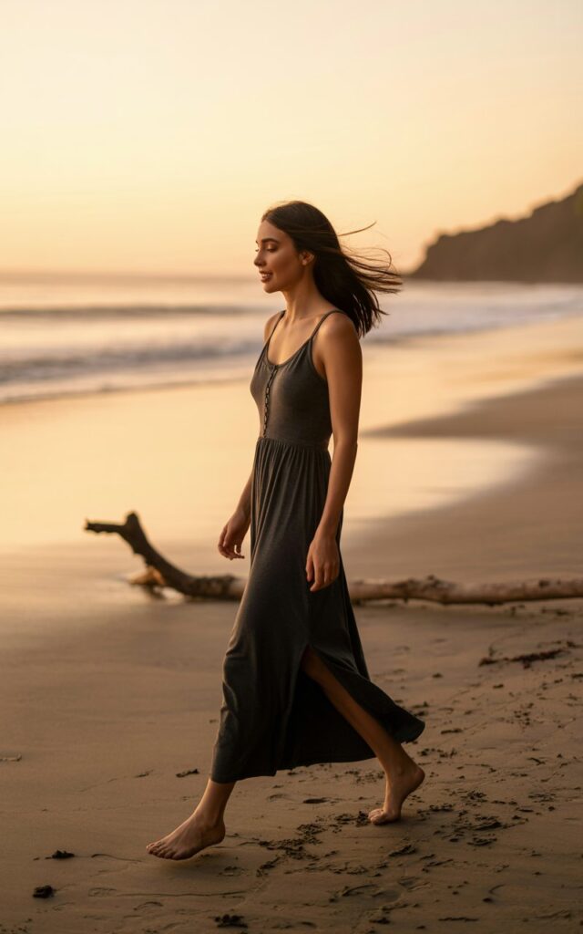 A charcoal-grey jersey maxi dress with side slit, paired with black flat slides. The model is walking barefoot on a sandy beach. Golden-hour sunset casts warm tones across her skin and hair. She glances sideways with wind in her hair, looking serene.
