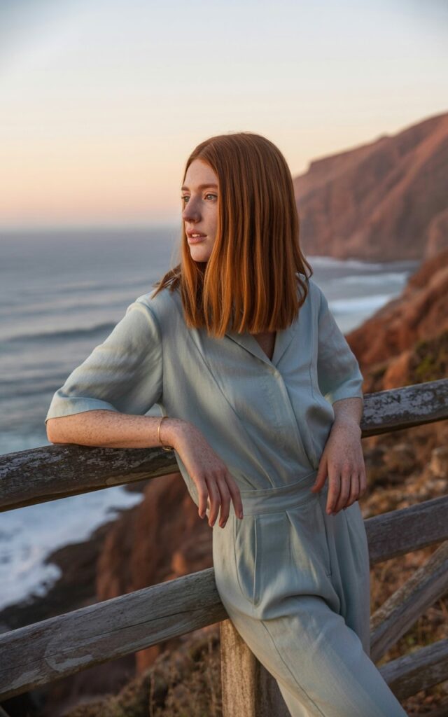A fair-skinned model with straight, shoulder-length hair poses on a coastal path at sunset. She wears a pale blue lightweight jumpsuit with a cinched waist and white slide sandals. She stands with arms relaxed, leaning slightly on a wooden railing, eyes focused on the horizon. Soft golden light glows on her skin, highlighting her natural texture. The ocean waves and a cliffside complete the serene scene.
