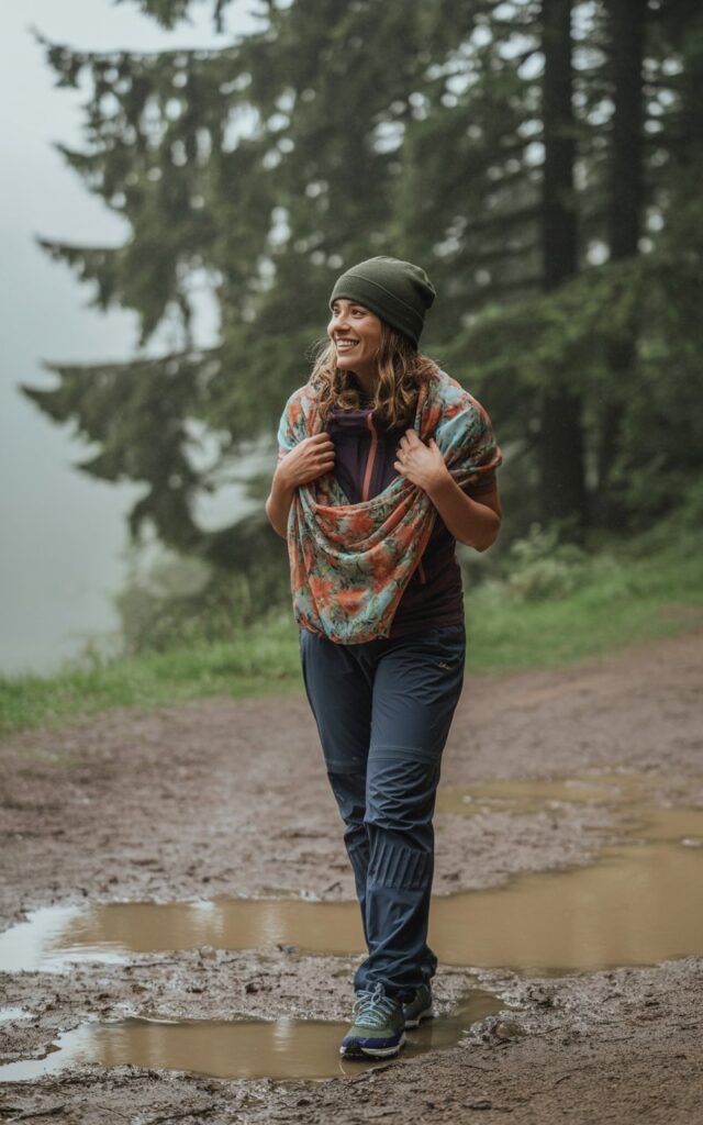 A fit model stands on a wet trail after rain with overcast lighting. She wears a charcoal beanie, patterned scarf, waterproof sneakers, and navy trekking pants. She stands with one hand adjusting her scarf, looking playful. Soft reflections from puddles add depth, while misty trees create a peaceful atmosphere.