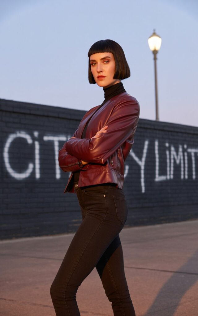 A fit model with short hair poses against a dark brick wall at dusk. She wears a black turtleneck, black skinny jeans, and a deep brown leather jacket. She stands confidently, arms crossed, eyes sharp but approachable. Soft twilight illuminates her skin, adding texture and dimension. The urban grit complements the edgy, fashionable styling.