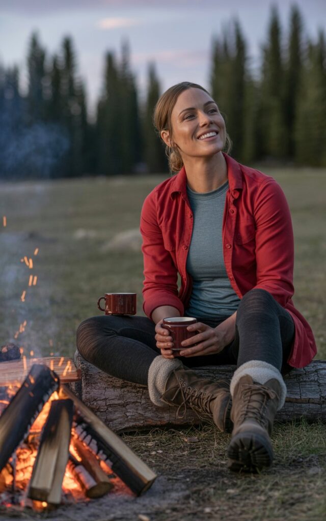 A fit white-skinned model sits by a campfire in a mountain clearing at dusk. She wears a red flannel shirt over a grey long-sleeve tee, paired with black fleece-lined leggings and boots. She sits cross-legged, leaning back on one hand with a relaxed smile. The fire’s glow lights her face naturally, adding warmth and texture.
