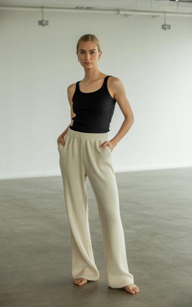 A fitted black ribbed tank top paired with cream wide-leg knit pants. The model stands in a minimal studio with polished concrete floors and soft box lighting. Barefoot for a relaxed feel, her hair is slicked back into a low bun. Her pose is elegant with hands in pockets, looking confidently at the camera.