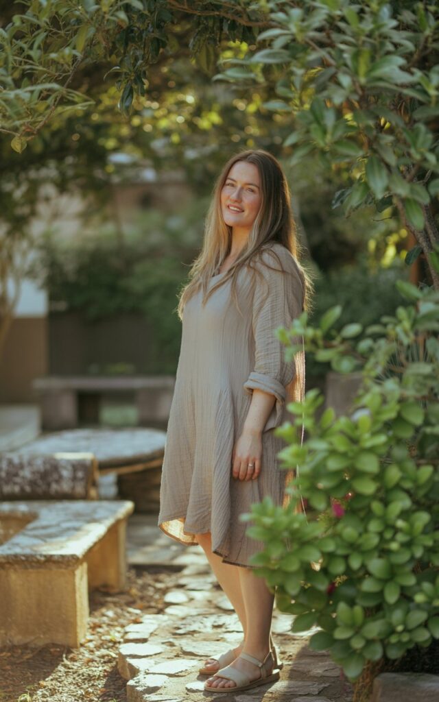 A full-body image in a sunlit garden filled with greenery and stone pathways. The model wears a beige linen dress that feels breathable and light. Her hair is tied loosely, allowing soft strands to frame her face. The natural texture of the fabric is visible in the soft light. She wears flat sandals and no accessories, standing with a relaxed posture and a soft smile, soaking in the sunlight.