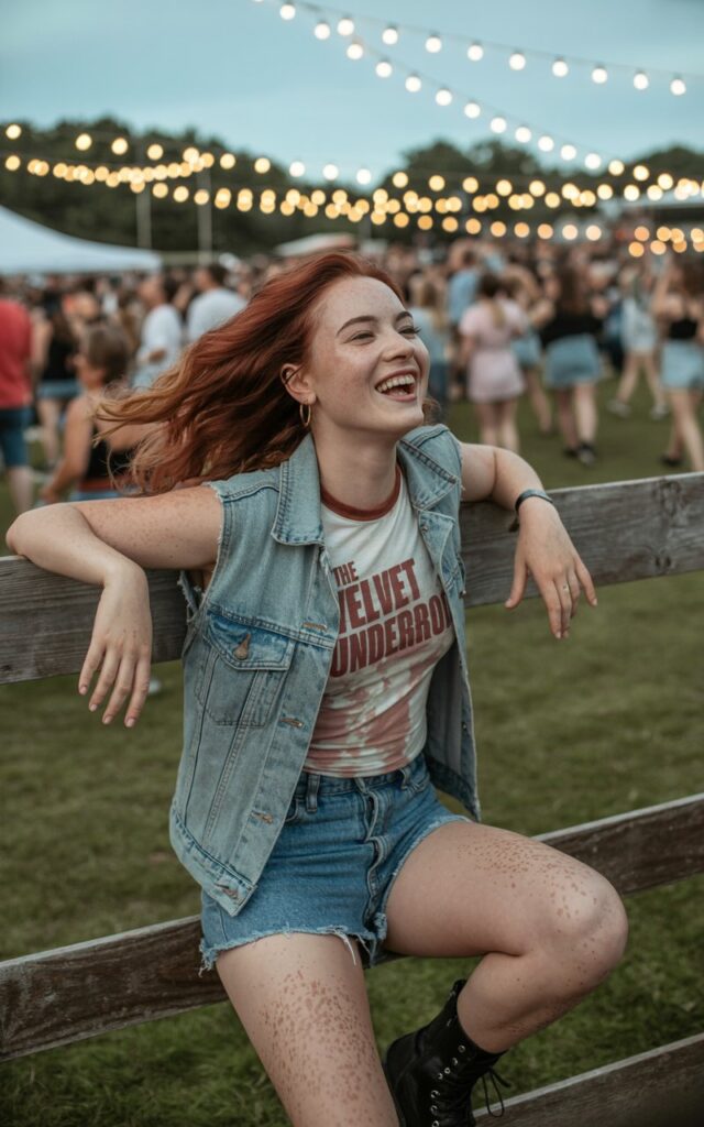 A full-body image of a pale-skinned model with flowing chestnut hair wearing a faded band t-shirt under a light blue denim vest, paired with distressed jean shorts and black combat boots. The backdrop is a summer festival field with string lights and a vibrant crowd blurred in the distance. She stands leaning against a wooden fence, laughing openly with eyes crinkled. Her makeup is natural, showcasing freckles and soft tones. The outfit’s nostalgic vibe blends seamlessly with the carefree summer setting.