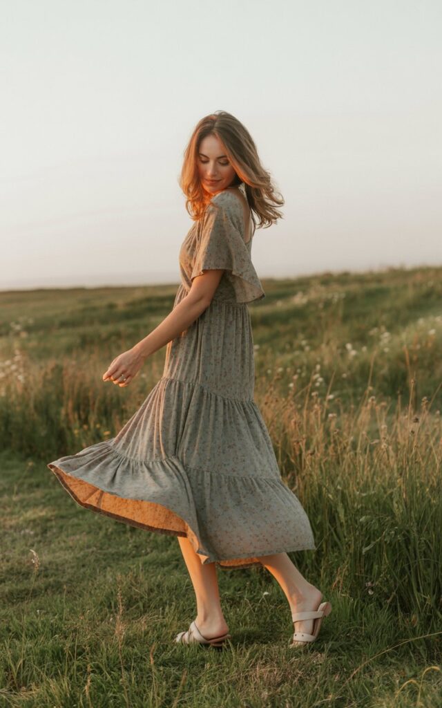 A full-body image of the model outdoors in a grassy meadow at soft sunset, wearing a bohemian tiered maxi dress in earth tones with flutter sleeves. Her long hair is styled in loose waves, moving gently with the breeze. She pairs the dress with flat leather sandals and wears no accessories. Her pose is playful, mid-step as she twirls slightly, smiling naturally, with soft light wrapping around her figure and fabric layers.