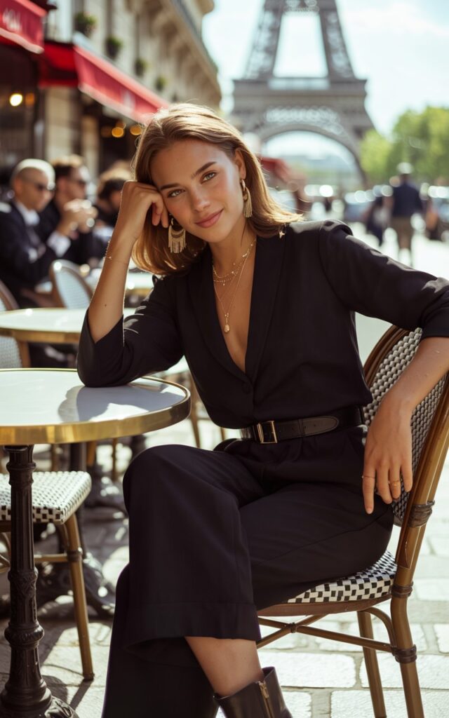 A full-body image of the model sitting at an outdoor cafรฉ table in warm daylight. She wears a black jumpsuit styled with fringe earrings, a belt, and layered gold necklaces. Her boots are minimal leather. Her hair is pulled back loosely, with natural waves framing her face. She smiles softly, one hand resting on the table, emphasizing texture and understated elegance.