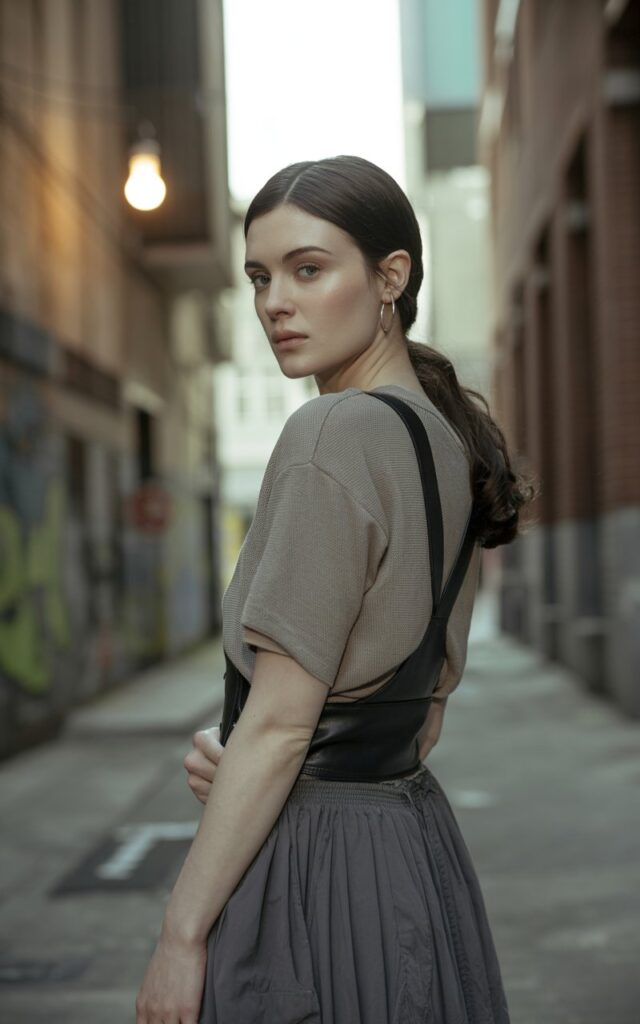 A full-body image of the model standing in a city alley with filtered daylight. She wears a taupe knit top tucked into a flowing skirt, accented by a black leather harness. Her ankle boots are simple yet structured. Her hair is parted to the side, styled sleek with natural waves. She looks over her shoulder with a mysterious expression, soft skin tones and minimal makeup enhancing realism.
