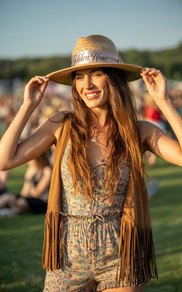 A full-body image of the model standing in a festival field with blurred crowds in the background under late afternoon light. She wears a floral playsuit, a tan fringe vest, and a wide straw hat. Her boots are simple and worn-in. Her hair cascades naturally down her back, and she holds the brim of her hat while smiling toward the camera. The textures, patterns, and soft skin tones create a lively, authentic scene.