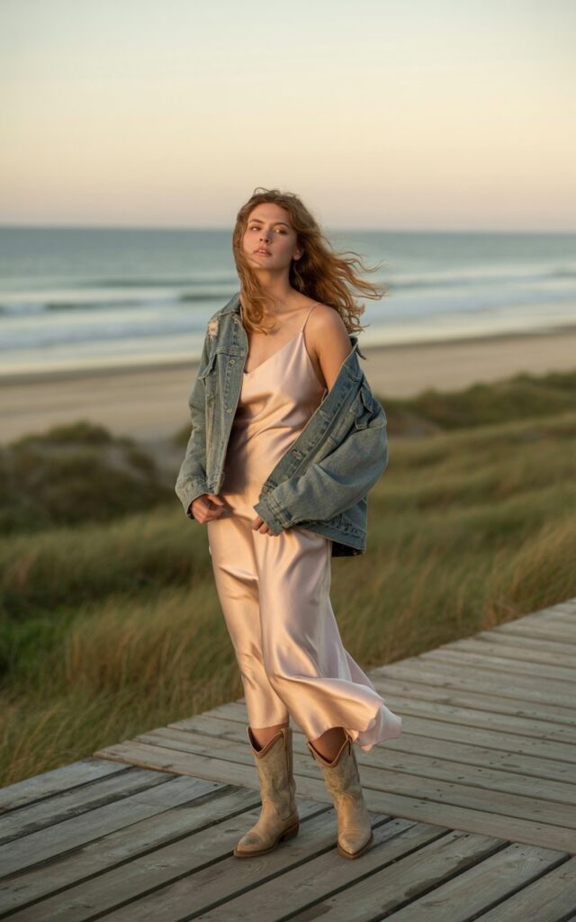 A full-body image of the model standing on a wooden boardwalk by the beach in golden hour light. She wears a pale pink slip dress, a faded denim jacket draped over her shoulders, and soft leather cowboy boots. Her hair is loose and wind-swept. She stands with one hand in her pocket, gazing toward the horizon thoughtfully. The image captures the contrast between softness and ruggedness beautifully.