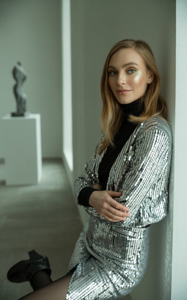 A full-body portrait of a white-skinned model with honey blonde hair and sharp cheekbones dressed in a sparkling silver sequin skirt and a sleek black turtleneck, paired with black heeled boots. The setting is an art gallery with soft indoor window light illuminating the space. She stands elegantly with her arms loosely crossed, offering a gentle smile. Her makeup is soft with subtle shimmer and neutral tones, letting the sequins take center stage. The contrast between glittering texture and clean lines creates a festive yet refined atmosphere.