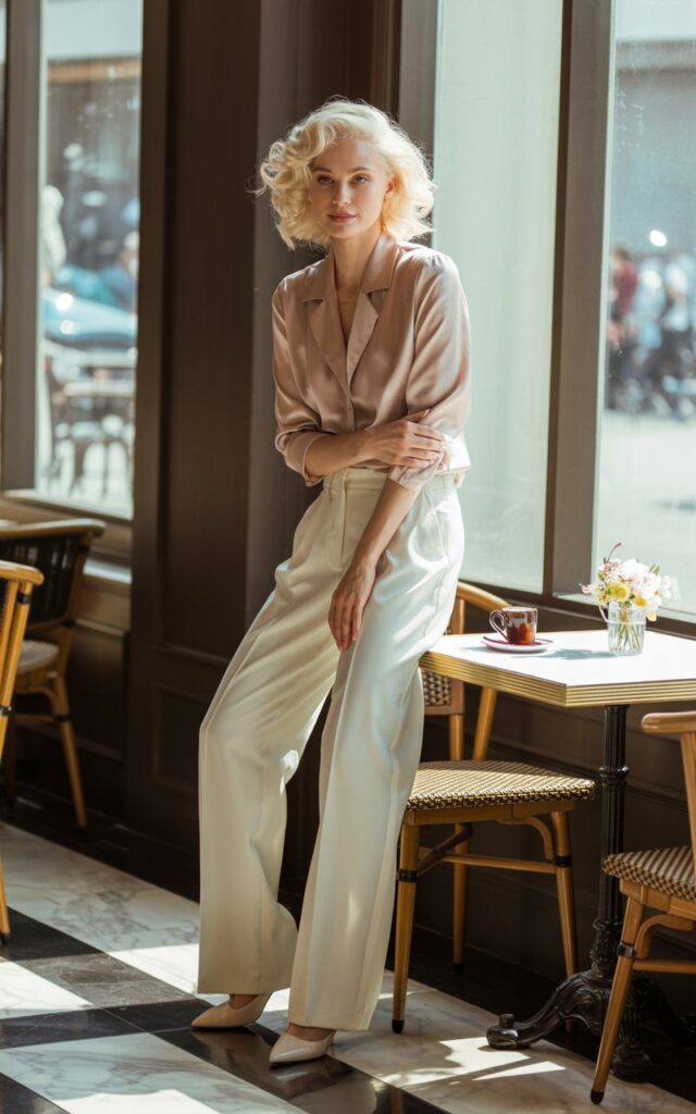 A full-body portrait of a white-skinned model with platinum blonde hair and soft waves, dressed in a blush satin blouse and cream tailored wide-leg trousers, paired with beige pumps. The setting is an elegant brunch café with natural daylight streaming through large windows, casting soft shadows. She stands confidently with one hand gently resting on her thigh, offering a serene smile. Her makeup is light with soft highlighter and neutral lips. The luxurious textures combine with the relaxed pose to create a polished, empowering look.