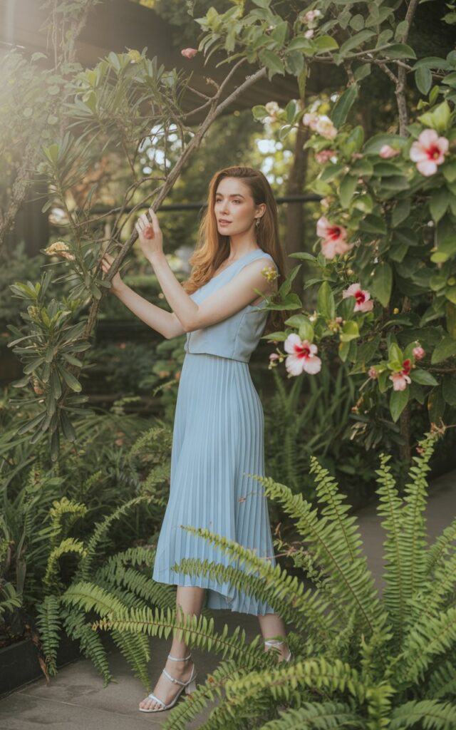 A full-body shot in a botanical garden surrounded by greenery and flowers. The model wears a light blue midi dress with subtle pleats cascading down the skirt. Her long hair is parted in the middle and styled in soft waves. She pairs the look with strappy heels and keeps accessories to a minimum. She stands elegantly with one hand lightly touching a branch, looking away from the camera with a serene expression.