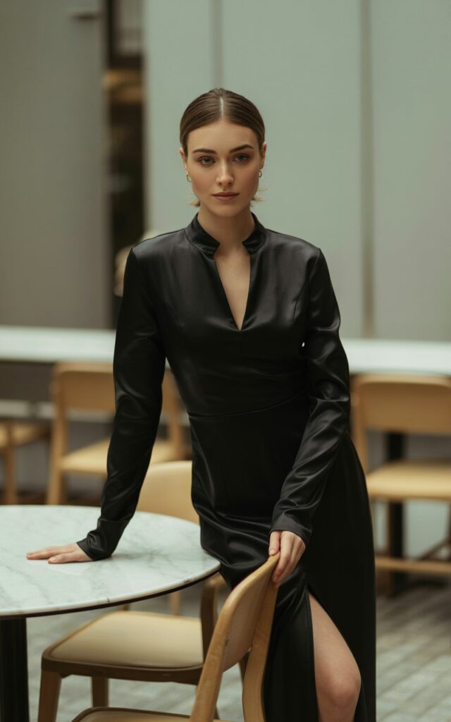 A full-body shot in a modern urban café with neutral tones and clean lines. The model wears a fitted black mock neck dress with long sleeves, paired with pointed ankle boots. Her hair is sleek, parted in the center, and styled behind her shoulders. Soft indoor lighting highlights the smooth fabric and her glowing skin. She stands with one hand on a chair back, exuding elegance and calm confidence.