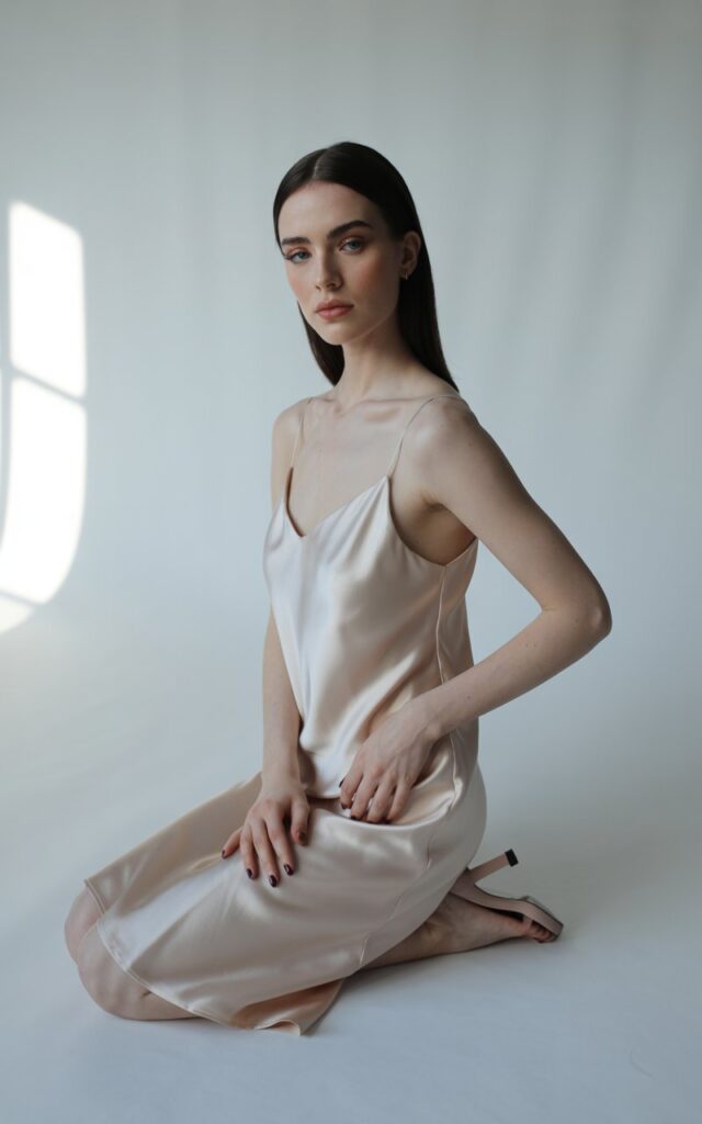 A full-body shot of a model with sleek, straight hair and sharp features, wearing a champagne satin slip dress with spaghetti straps. She’s posed elegantly in a minimalist studio with soft window light streaming in, casting gentle shadows on her skin. The fabric’s sheen reflects the light, creating a fluid and graceful appearance. She wears neutral block heels and keeps accessories minimal. Her pose is relaxed, with one hand resting lightly on her hip and a soft smile playing on her lips.