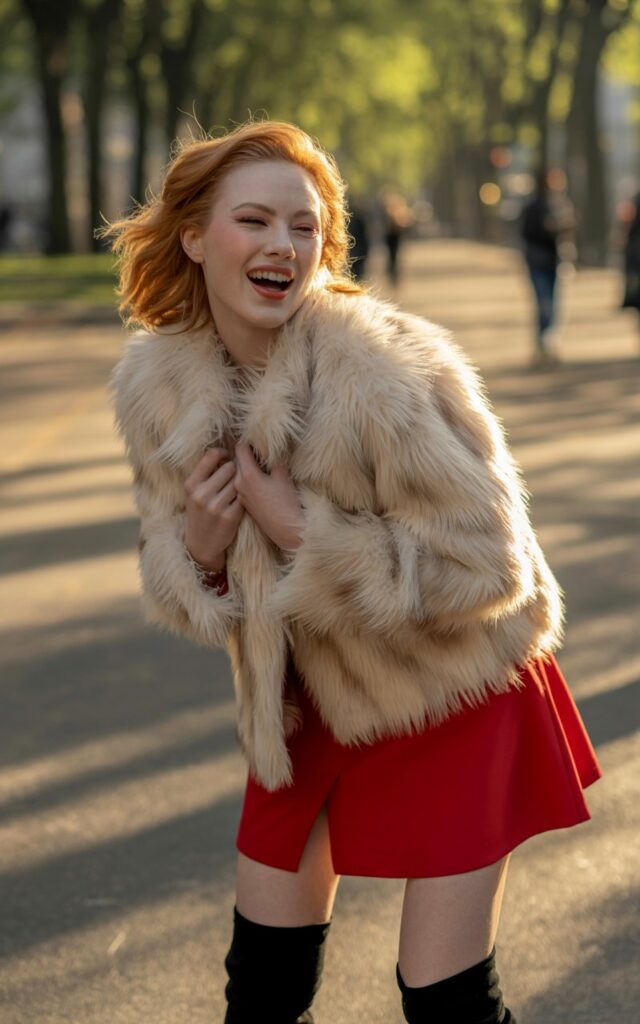 A full-body shot of a white-skinned model with strawberry blonde hair and porcelain skin wearing a cream faux fur coat over a red mini skirt, complemented by black knee-high suede boots. The scene is a tree-lined urban park in late afternoon light, with soft shadows and golden tones. She playfully adjusts her coat collar while laughing candidly, her eyes crinkling. Her makeup is soft and fresh, with rosy cheeks and lips. The textures of the coat, skirt, and boots are highlighted by the natural lighting, making the outfit look glamorous and approachable.