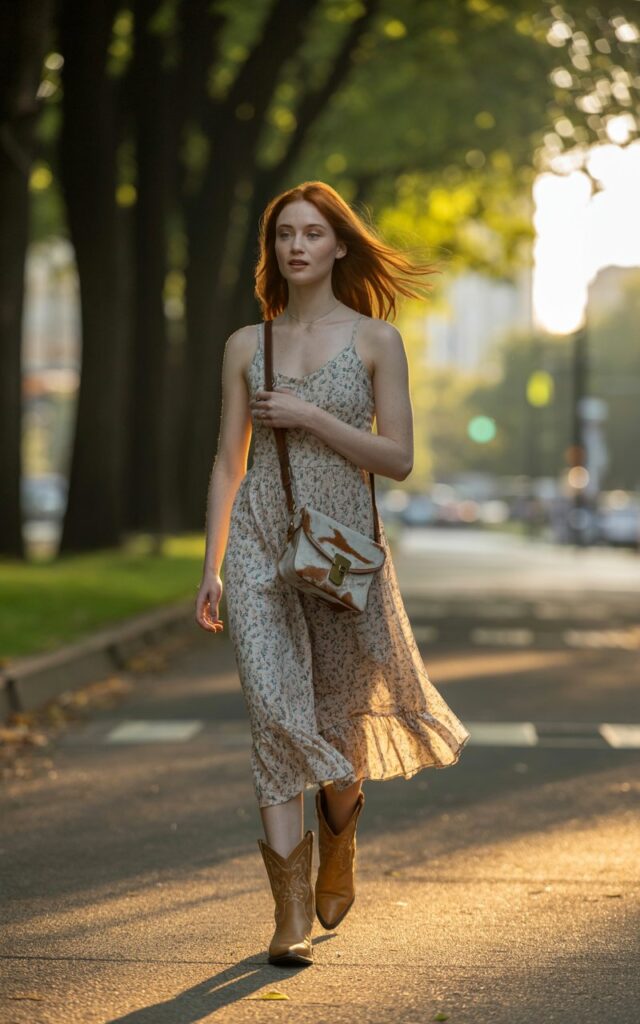 A full-body shot of a young white-skinned female model with sharp features and a fit body, wearing a flowing floral midi dress paired with tan cowboy boots. Sheโs walking down a tree-lined urban park path in golden hour light. Her loose hair moves naturally with the breeze, and she carries a small leather crossbody bag. Her expression is soft and relaxed, as if enjoying a leisurely stroll. The image emphasizes the textures of the dress and boots, with subtle skin imperfections for realism.