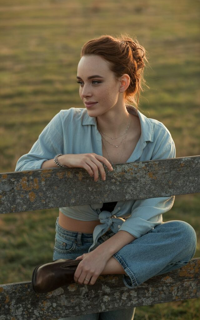A full-body shot of the model leaning against a rustic wooden fence in soft evening light. She wears a light blue chambray shirt with rolled sleeves, distressed jeans, and layered silver necklaces. Her ankle boots are dark brown leather. Her hair is pulled back into a messy low bun, with strands falling naturally. Her expression is casual, with a slight smile and soft eye makeup that highlights natural freckles.