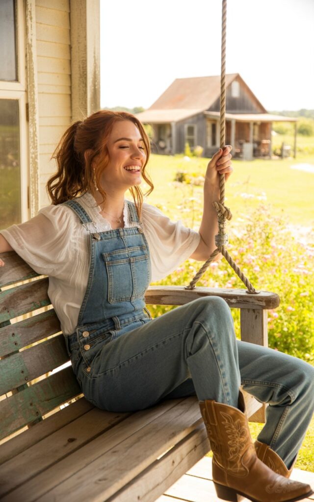 A full-body shot of the model seated on a wooden porch swing in soft golden hour light. She wears a white ruffled blouse, blue denim overalls, and brown cowboy boots. Her wavy hair is loosely pinned back with strands around her face. Sheโs laughing naturally, one hand holding the swingโs rope. The texture of the fabric and her subtle makeup give the image warmth and authenticity.