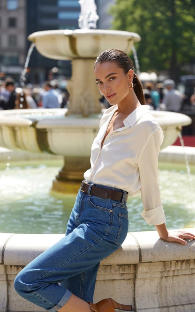 A full-body shot of the model standing by a city fountain at midday. She wears a crisp white blouse tucked into high-waisted indigo denim jeans with a dark leather belt and brown ankle boots. Her sleek ponytail shows off her sharp features, and she wears hoop earrings. She looks straight into the camera with a confident gaze, one hand adjusting the belt. The lighting highlights her natural skin texture and slight smile.