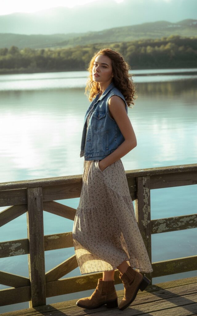 A full-body shot of the model standing on a wooden bridge overlooking a lake in soft afternoon light. She wears a floral printed maxi dress layered with a sleeveless denim vest and brown suede ankle boots. Her hair is in soft curls cascading over her shoulders. She stands with one hand in her pocket, looking away toward the water. The image captures texture contrasts between fabric and nature, with subtle details like wind-blown strands.