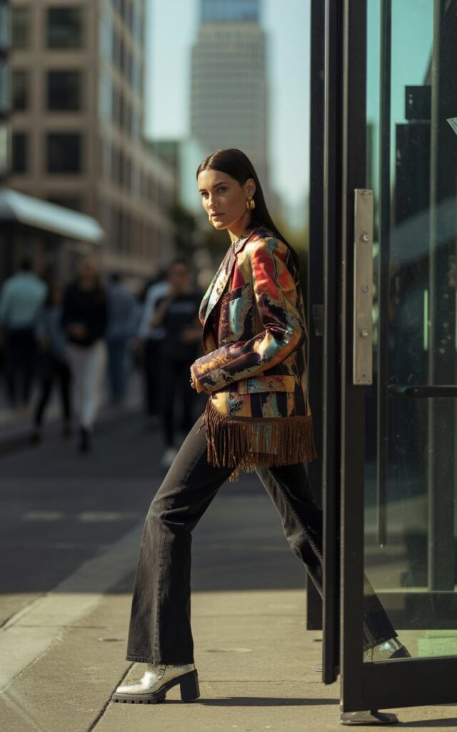 A full-body shot of the model stepping out of a downtown building in harsh afternoon sunlight. She wears a bold Western print blazer, sleek black jeans, and statement ankle boots. Her hair is styled straight and tucked behind one ear, showing off earrings. She looks directly at the camera with a confident smirk. The outfitโs textures and prints pop against the urban backdrop.