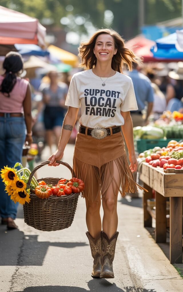 A full-body shot of the model walking through a farmerโs market under soft midday light. She wears a suede fringe skirt, a graphic white tee, and a dark leather belt with silver buckles. Her boots are scuffed cowboy-style. Her hair is loose, blowing slightly in the breeze. She smiles candidly while holding a woven basket, the textures of fabric and leather highlighted naturally.