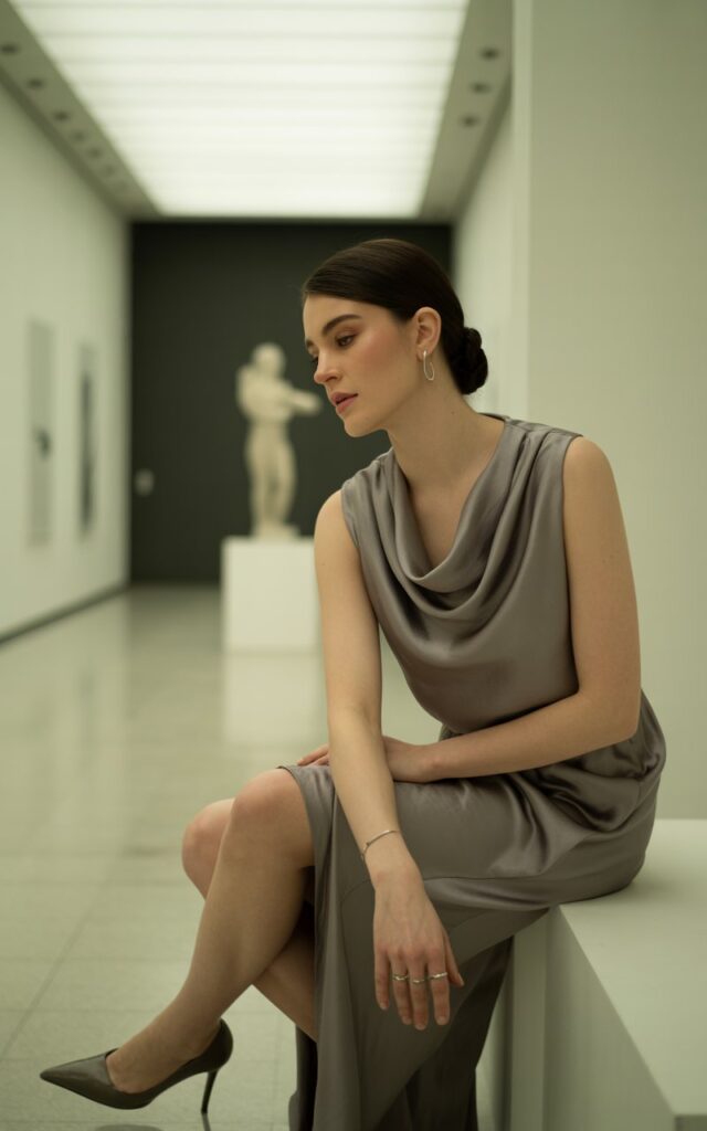 A full-body view in a modern art museum’s soft-lit hallway. The model wears a grey cowl neck dress with flowing fabric that drapes beautifully around the neckline and torso. Her hair is pulled into a soft bun, and minimal makeup accentuates her refined features. She pairs the look with sleek heels and delicate rings. Her posture is composed, with one hand resting gently on her hip, radiating effortless sophistication.