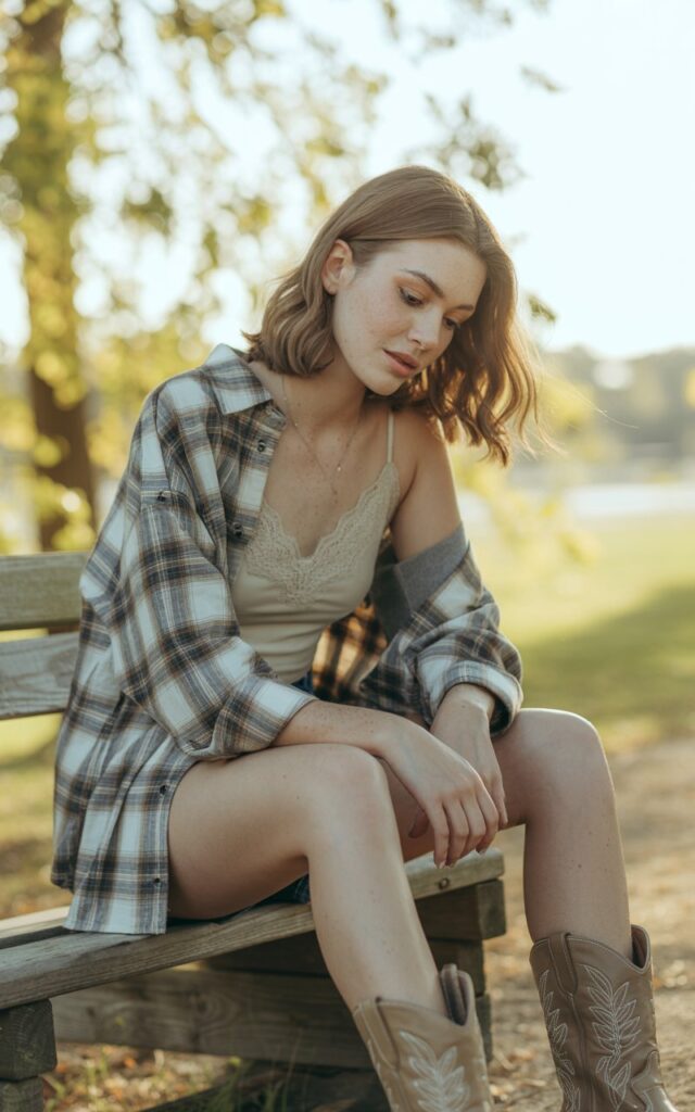 A full-body view of the model seated on a wooden bench in a nature park at sunset. She layers an oversized plaid shirt over a cream lace camisole and high-waisted denim shorts. Her cowboy boots are light brown with worn-in details. Her hair is soft and wavy, falling past her shoulders. She looks down thoughtfully, hands resting on her knees, with soft makeup and freckles visible for a natural editorial feel.