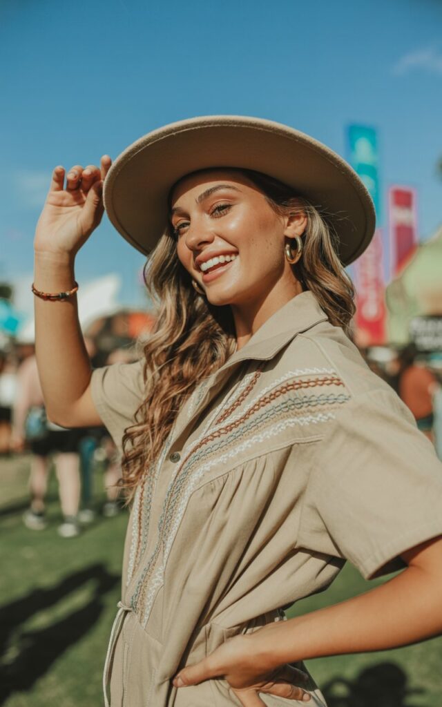 A full-body view of the model standing at a music festivalโs entrance under bright daylight. She wears a beige romper with Western-inspired stitching, a wide-brim felt hat, and leather ankle boots. Her long hair is styled loose with soft waves. She tilts her head slightly with a carefree smile, holding the brim of her hat with one hand. The setting is lively but blurred, emphasizing her outfit details.
