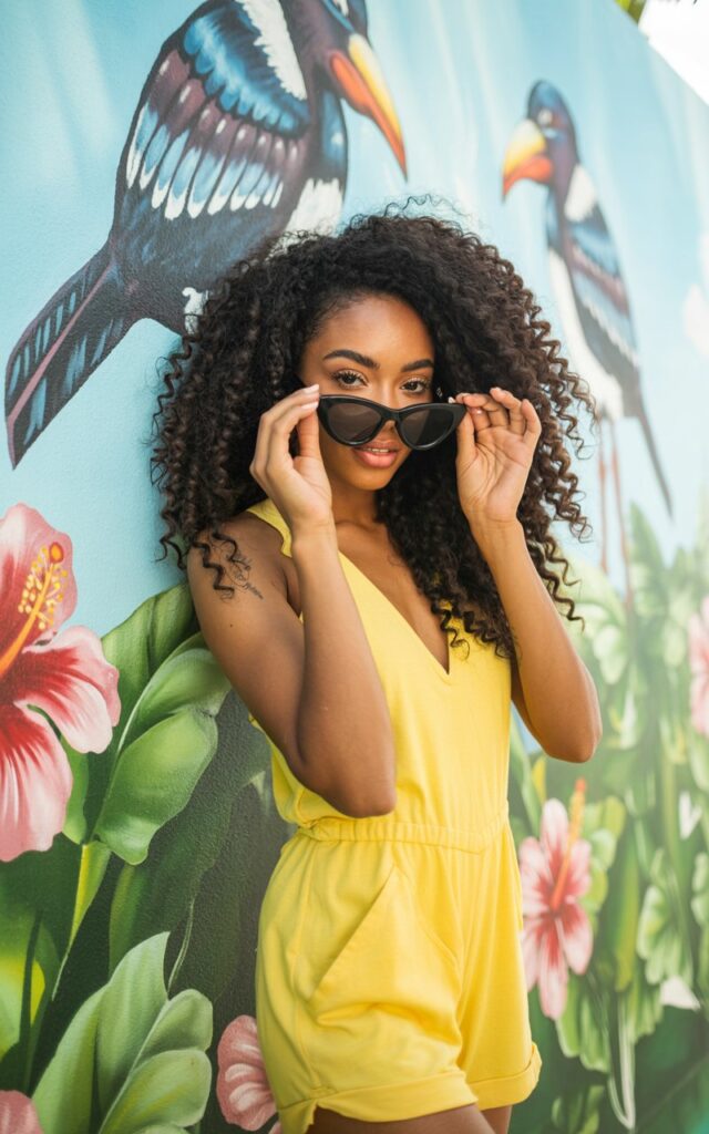 A model with voluminous curls stands in front of a colorful mural in daylight. She wears a bright yellow romper with a cinched waist and oversized cat-eye sunglasses. She holds the sides of her sunglasses and looks directly at the camera, playful and confident. Her skin glows with minimal makeup, and slight imperfections give authenticity. The vibrant backdrop complements the cheerful outfit.