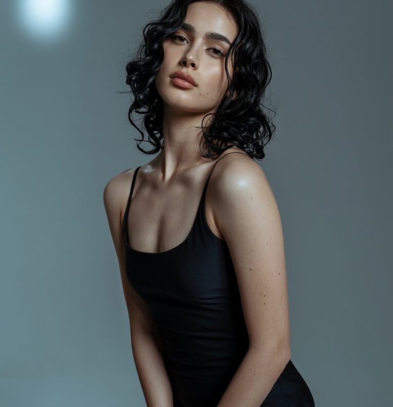 A studio-lit shot with soft indoor lighting, showcasing a model in a black seamless bodycon dress hugging her figure. Her glossy hair cascades in loose curls, framing her sharp features. The texture of the fabric is matte and smooth, complementing her toned body. She stands with one hand on her thigh, slightly turning her body to accentuate curves. Her expression is bold and empowered, with natural-looking makeup and slight imperfections visible on her skin.