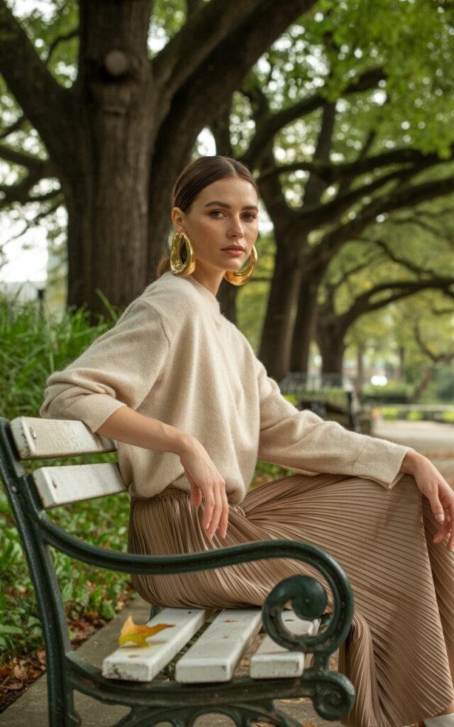 A symmetrical-faced model stands on a city park bench with filtered daylight through tree branches. She wears a beige pleated skirt, a soft knit top, and bold gold earrings. Her posture is upright, with one hand gently holding her skirt and the other brushing her hair back. The park’s greenery and soft shadows highlight the textures, creating a sophisticated yet playful look.