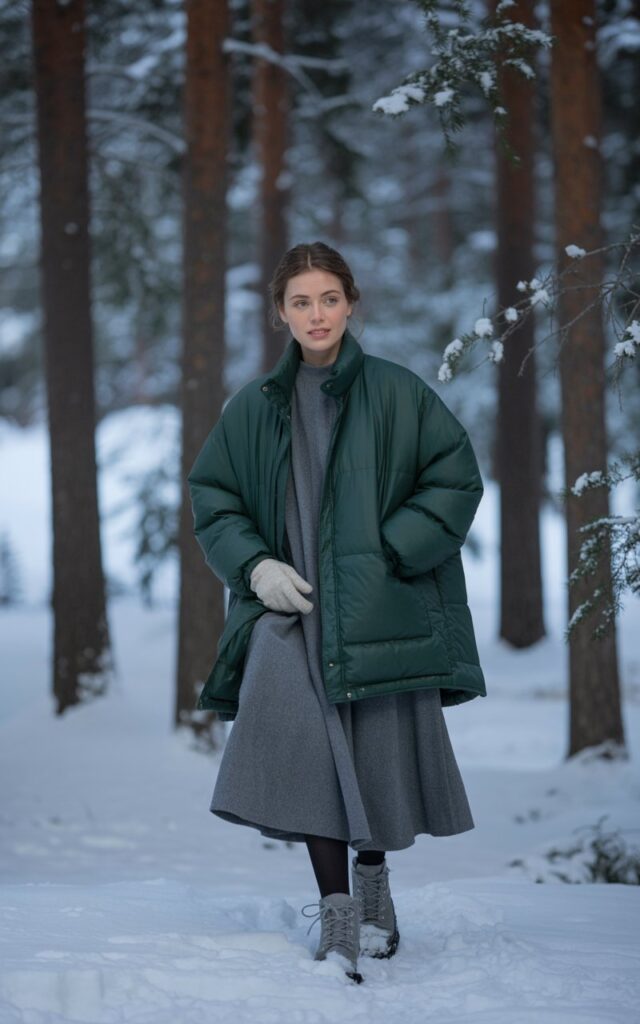A symmetrical-faced model walks through a snow-covered forest at midday. She wears a deep green puffer jacket over a grey wool dress and black tights, paired with lace-up boots. She walks with one hand in her pocket, head slightly turned, smiling softly. Snow-dappled trees surround her, and soft winter light enhances the textures and colors.