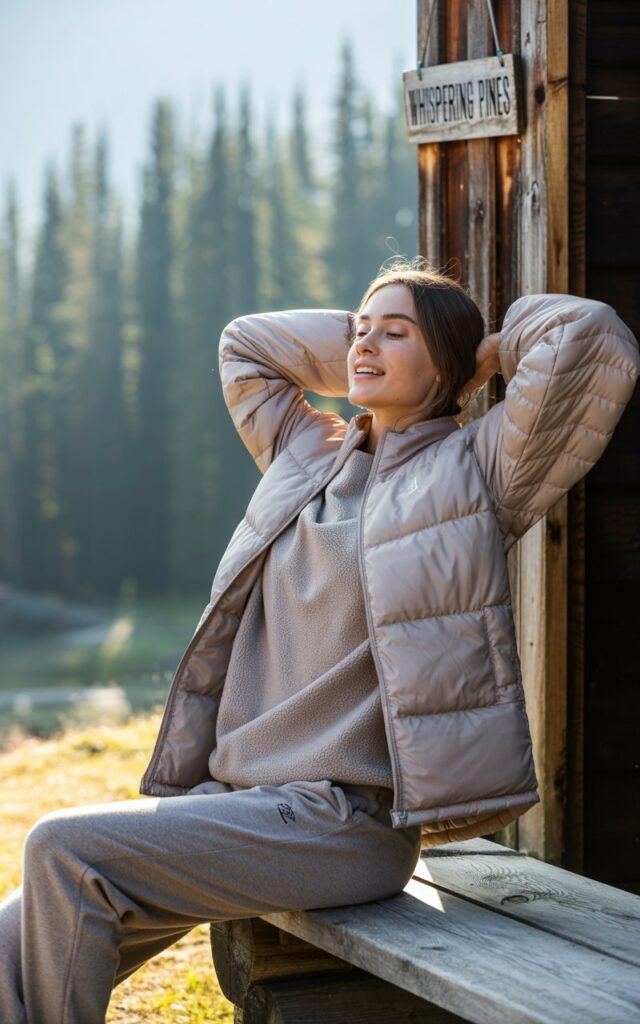 A young model sits on a wooden bench outside a mountain cabin during early morning light. She wears a soft beige fleece pullover, grey joggers, and a puffy insulated jacket. She smiles with eyes closed, stretching her arms overhead. Soft light and pine trees in the background add warmth and tranquility.