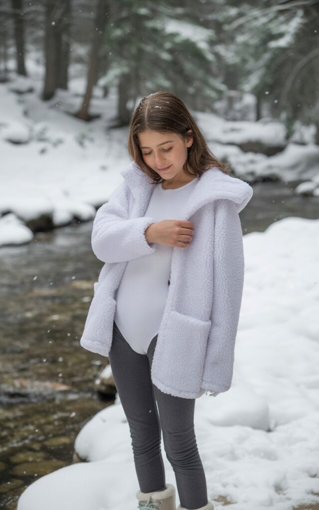 A young model stands by a snow-covered stream with soft daylight. She wears a white thermal bodysuit under a fluffy sherpa coat, paired with grey leggings and snow boots. She stands with one arm wrapped around herself, eyes sparkling with warmth. The winter landscape and soft lighting bring out the cozy textures and natural beauty of the scene.
