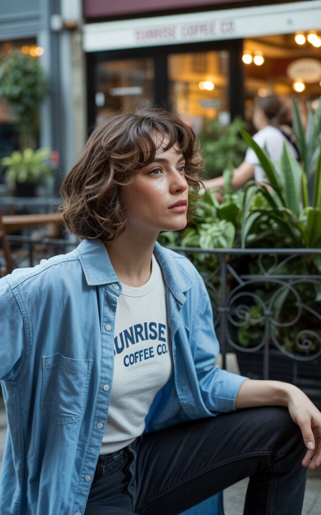 A young model with shoulder-length hair stands on a café patio with soft indoor window light spilling across her face. She wears a light-wash denim shirt unbuttoned over a white graphic tee, paired with black jeans and white sneakers. She sits casually on a chair, one leg crossed, looking away thoughtfully. Her makeup is minimal, and the textures of denim and cotton give an approachable vibe.