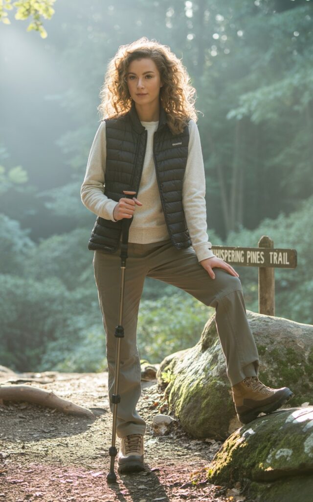 A young model with soft curls stands on a forest trail at early morning light. She wears a dark quilted vest over a cream thermal top, fitted hiking pants, and brown boots. She smiles while holding a trekking pole, one foot on a rock. Misty trees surround her, soft light highlighting her natural beauty and the texture of the layers.