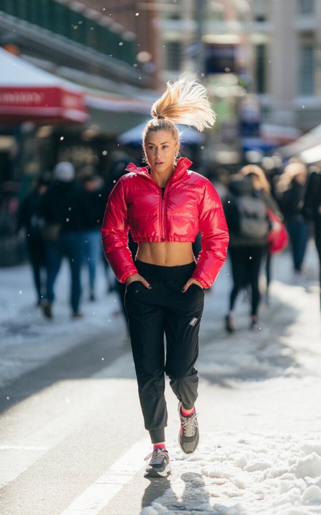 Athletic blonde with high ponytail, in a shiny cropped puffer, black joggers, and chunky sneakers. Shot on snowy city streets, bright winter daylight. She’s walking with hands in pockets, exhaling mist, focused expression.