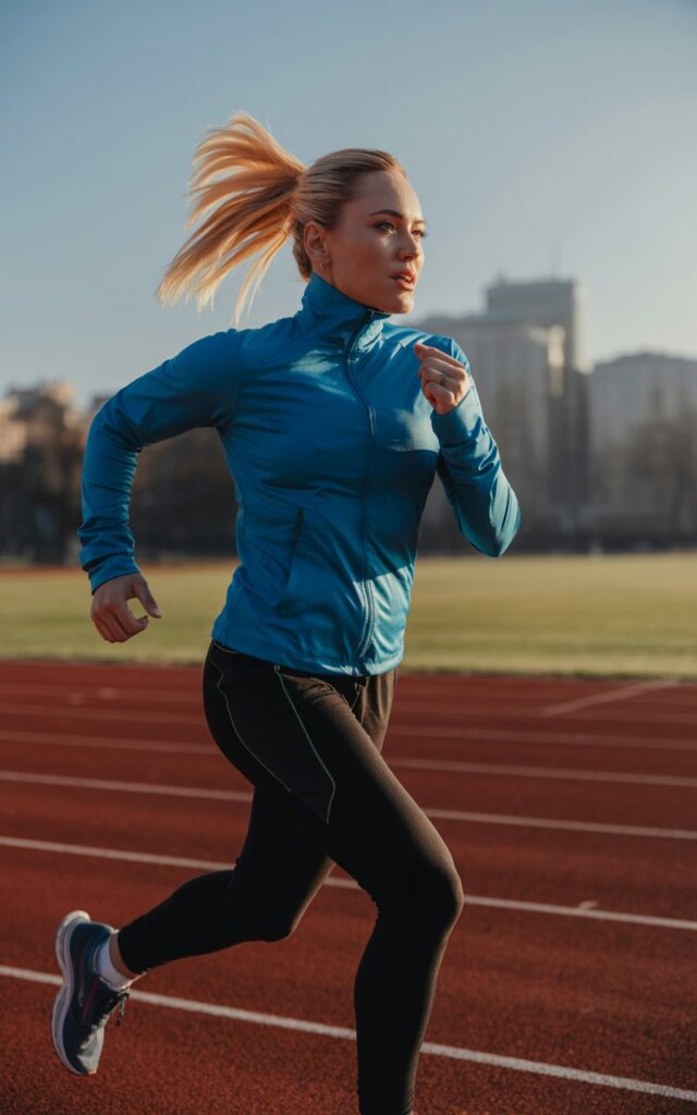 Athletic blonde with high ponytail, track pants, sporty zip-up jacket, and running sneakers. Shot on a running track at sunrise, glowing light. She’s mid-stride jogging, strong and focused.
